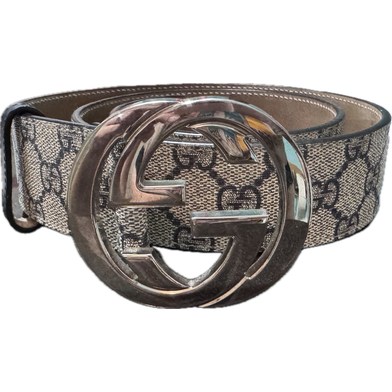 Gucci Beige Monogram Belt With Silver Double G Buckle